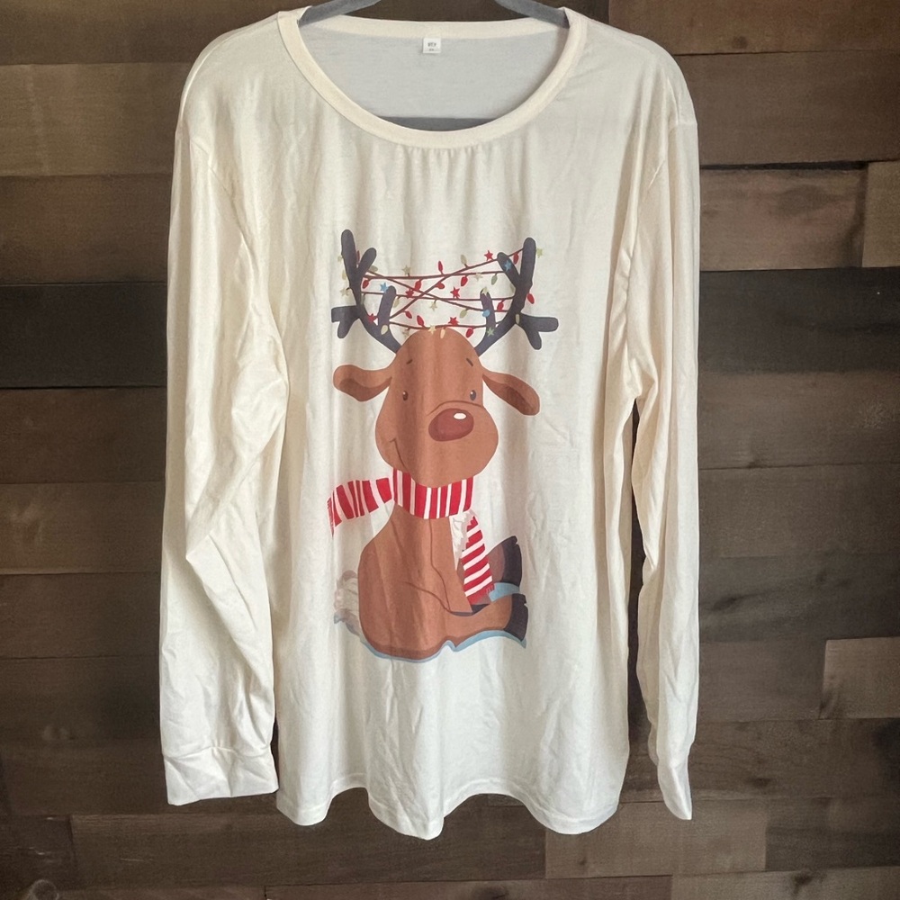 SHEIN Cream Reindeer Print Long Sleeve Shirt